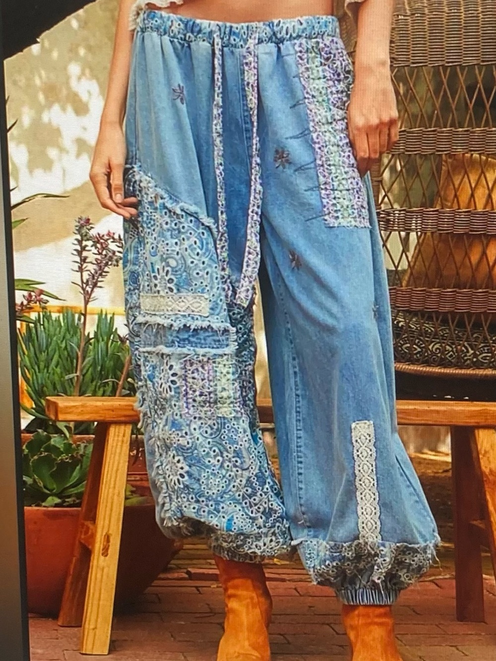 POL Patchwork Lace Blue Wide-Leg Jogger Pants - Picture 4 of 4